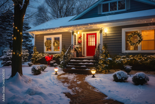 A house exterior with Christmas decorations in the snow, at night © MVProductions