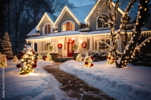 A house exterior with Christmas decorations in the snow, at night © MVProductions