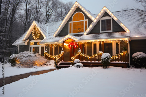 A house exterior with Christmas decorations in the snow, at night photo