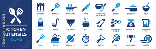 Kitchen utensils icon set. Containing cutlery, spatula, frying pan, knife, spoon, fork, saucepan, bowl, plate, ladle, grater measuring spoons and more. Vector solid icons collection.
