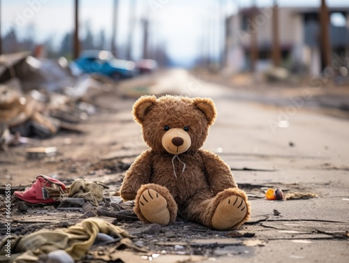 Fotomurale A brown children toy teddy bear sits on the ruins of a building with blurred destroyed building background