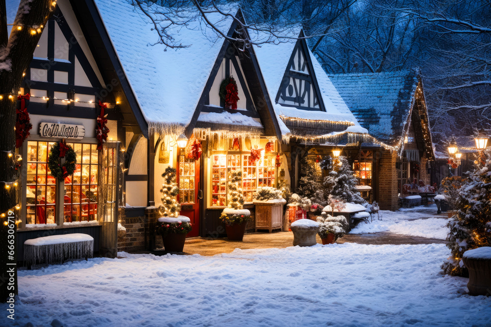 Store exterior Christmas decorations in the snow at night or evening