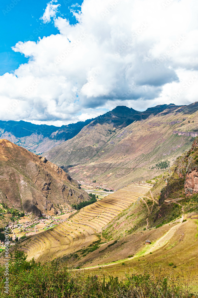 Pisac archeological site terrace near Cusco in Perú