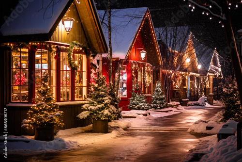 Store exterior Christmas decorations in the snow at night or evening © MVProductions