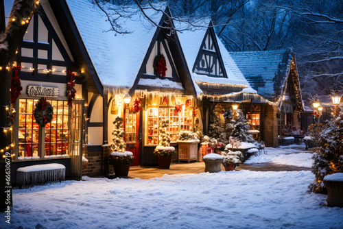 Store exterior Christmas decorations in the snow at night or evening