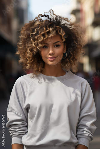 A female model wearing a blank white sweatshirt on a city street, ready for a design. Generative AI. 