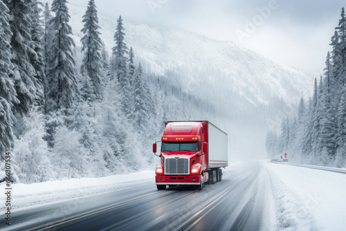 Semi truck moving on the winding winter road with wet surface and snow