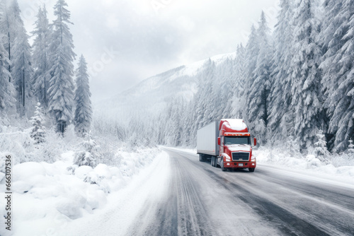 Semi truck moving on the winding winter road with wet surface and snow photo