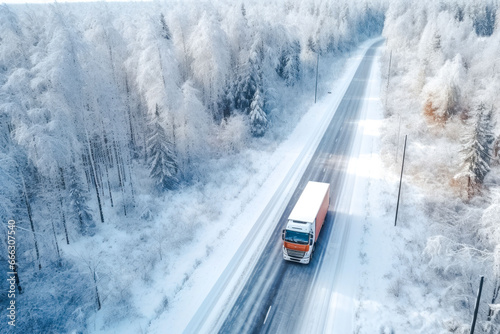 Aerial view of a semi truck moving on the winding winter road with wet surface and snow © MVProductions