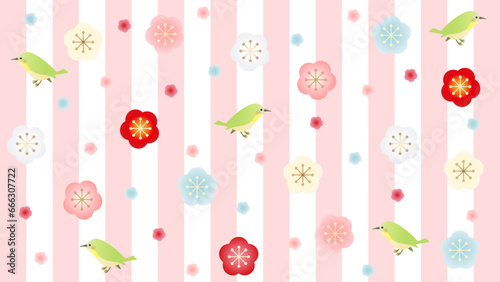 梅と鳥とストライプのレトロで可愛い壁紙　アスペクト比16：9バージョン