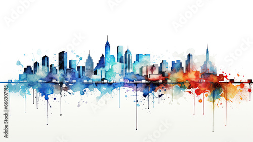 city skyline watercolor on white background. 