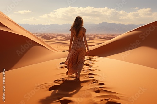 Desert wanderer woman, sand dunes and horizon.