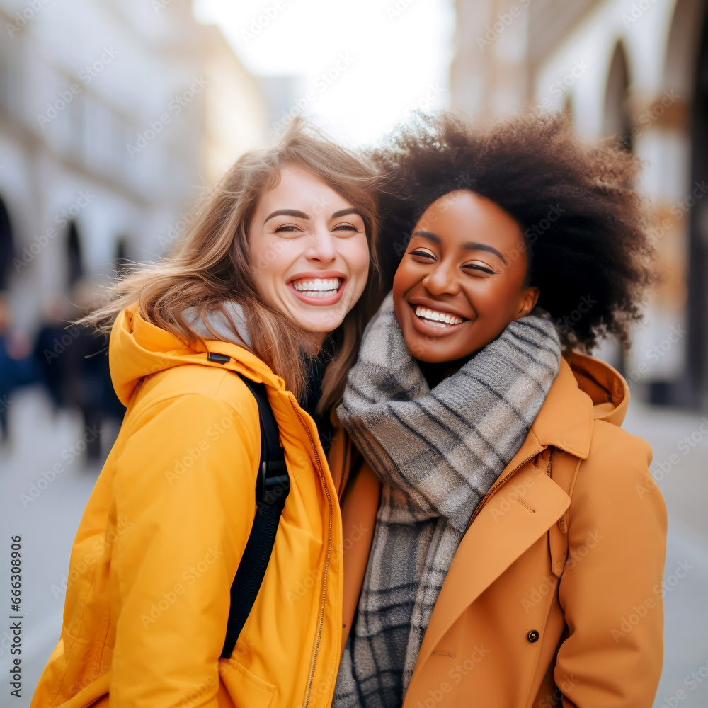 TWO LAUGHING MULTIETHNIC GIRLFRIENDS WALKING ON THE STREET. image created by legal AI TWO LAUGHING MULTIETHNIC GIRLFRIENDS WALKING ON THE STREET. image created by legal AI
