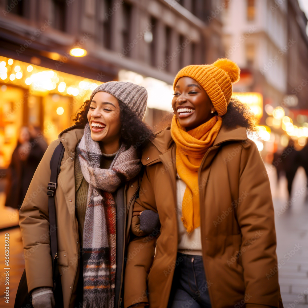 TWO LAUGHING MULTIETHNIC GIRLFRIENDS WALKING ON THE STREET. image created by legal AI TWO LAUGHING MULTIETHNIC GIRLFRIENDS WALKING ON THE STREET. image created by legal AI