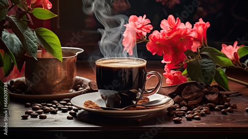Cup of coffee with flowers on the table