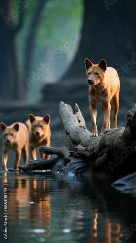 A pack of dholes with their distinctive UHD wallpaper Stock Photographic Image
