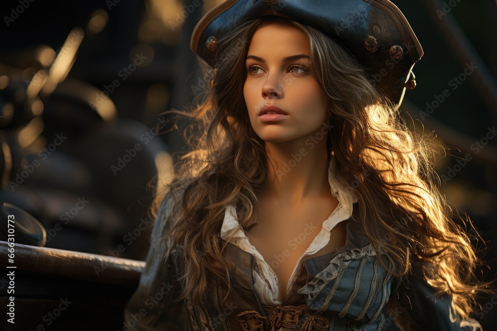 Female pirate captain, galleon ship sailing Caribbean seas. - obrazy, fototapety, plakaty 
