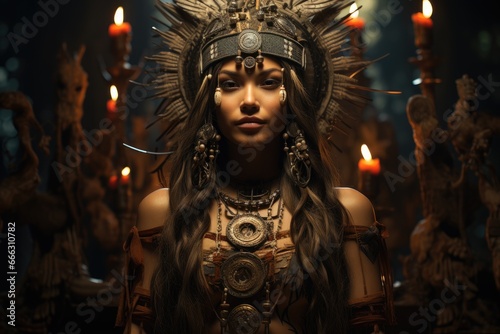 Female shaman, dense forest with sacred totem and spirit animals.
