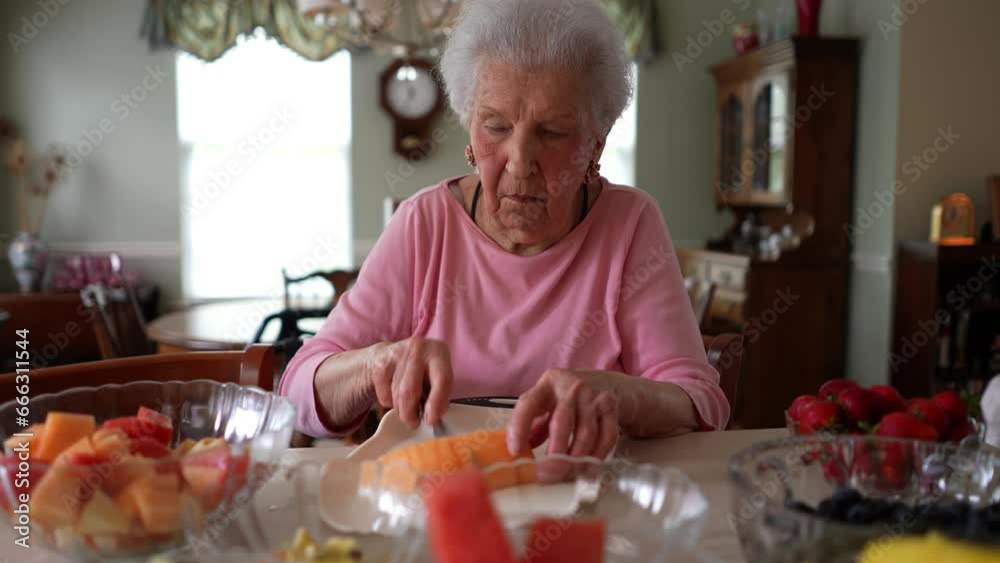 Turning view of old senior woman arthritis hands cutting up fruit and struggles to cut up an apple fruit with a knife. Turning view of old senior woman arthritis hands cutting up fruit and struggles to cut up an apple fruit with a knife.
