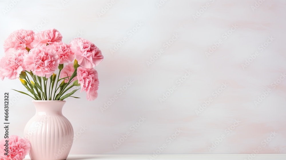 Pink carnations and a fluted pastel vase on a white background