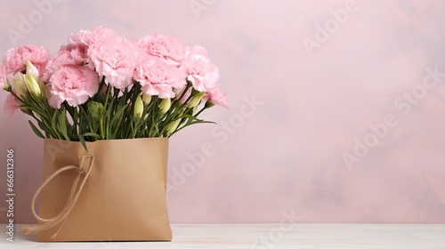 Pink carnation flowers in a paper bag