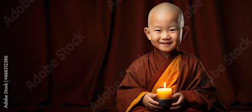 cute child monk buddha praying with candle, generative ai