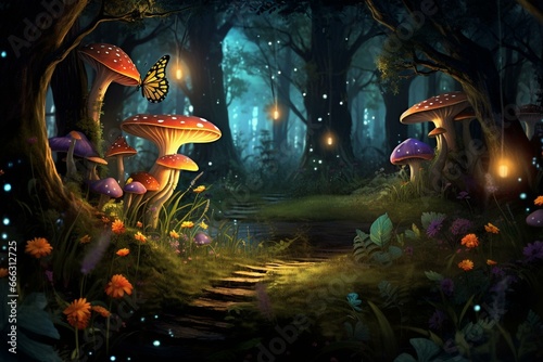 Captivating woodland with magical glow  mushrooms  fireflies  butterflies coexisting in nature s realm. Serene outdoor background. Generative AI