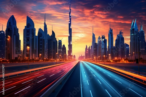 Dusk view of futuristic Dubai skyline and Sheikh Zaed Road in UAE. Generative AI