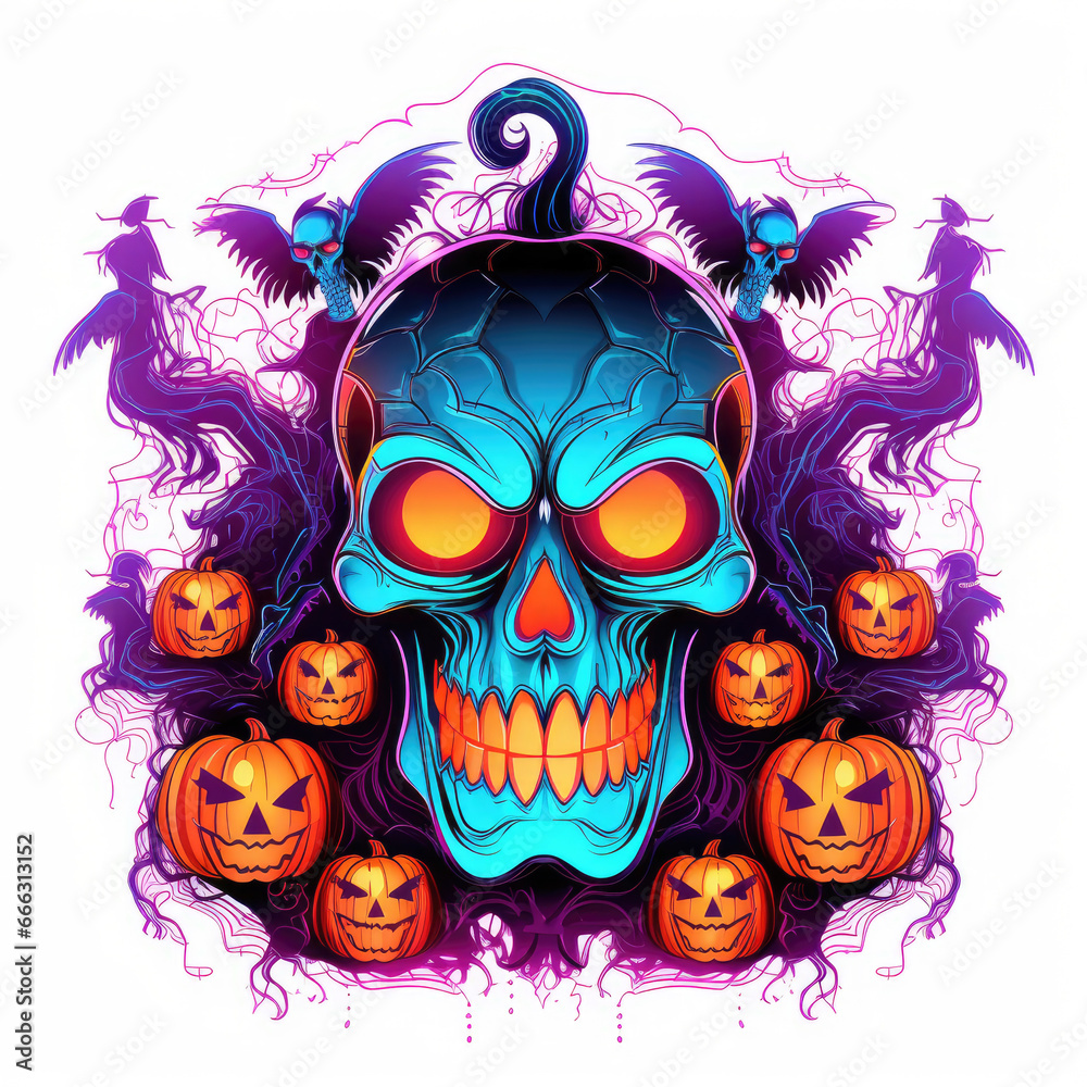 Neon color skull and pumpkins design