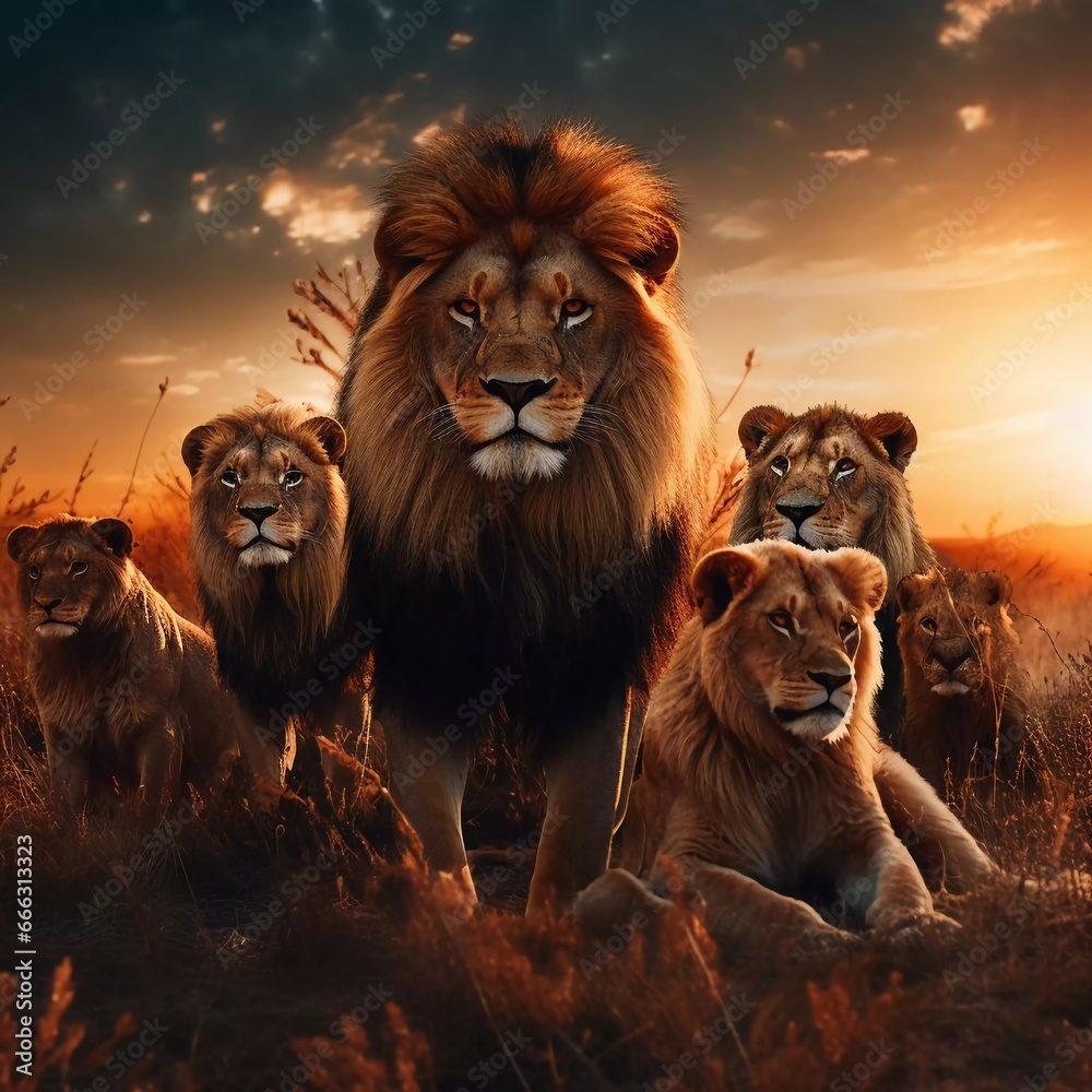 a family of lions relaxing. with a background of meadows and twilight. generative ai a family of lions relaxing. with a background of meadows and twilight. generative ai