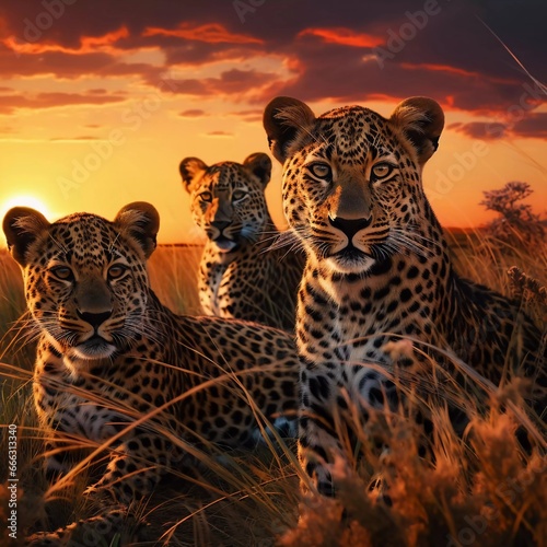 a herd of leopards relaxing in the middle of the grassland. with a twilight background. generative ai photo