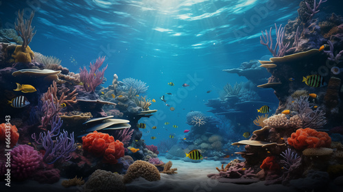 beautiful underwater scenery with various types of fish and coral reefs photo