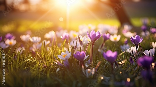 Spring flowers bloom in the field