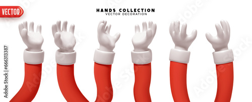 Set of hands 3d realistic design. Collection of cartoon Santa Claus red sleeves and white gloves on hands palm up, Vector illustration