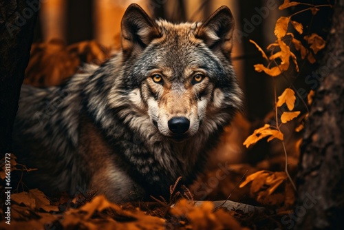 Photo of a wolf surrounded by trees. Generative AI