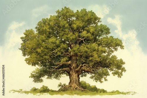 vintage illustration of an oak tree. Generative AI photo
