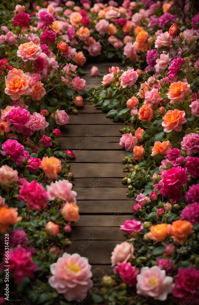 Gorgeous Flowers on Wooden floor,  Orange to Pink colors, vertical aspect ratio, Border Frame