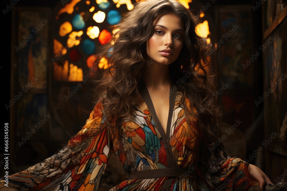 Model channeling the free spirit of a Bohemian artist, set against a mosaic-filled studio.