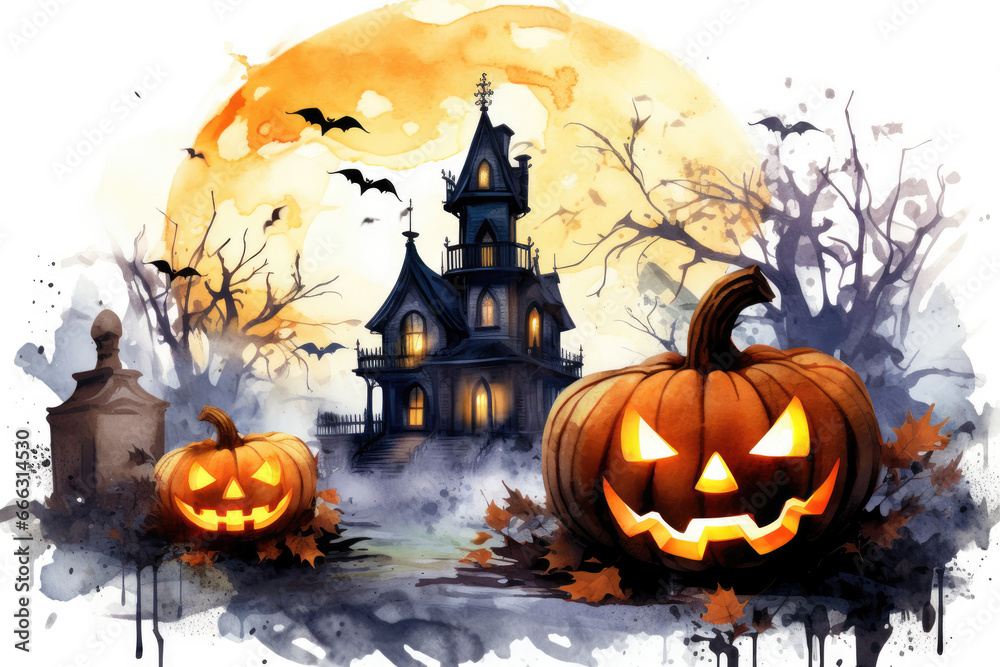Halloween background design with pumpkin faces, haunted house and flying bats
