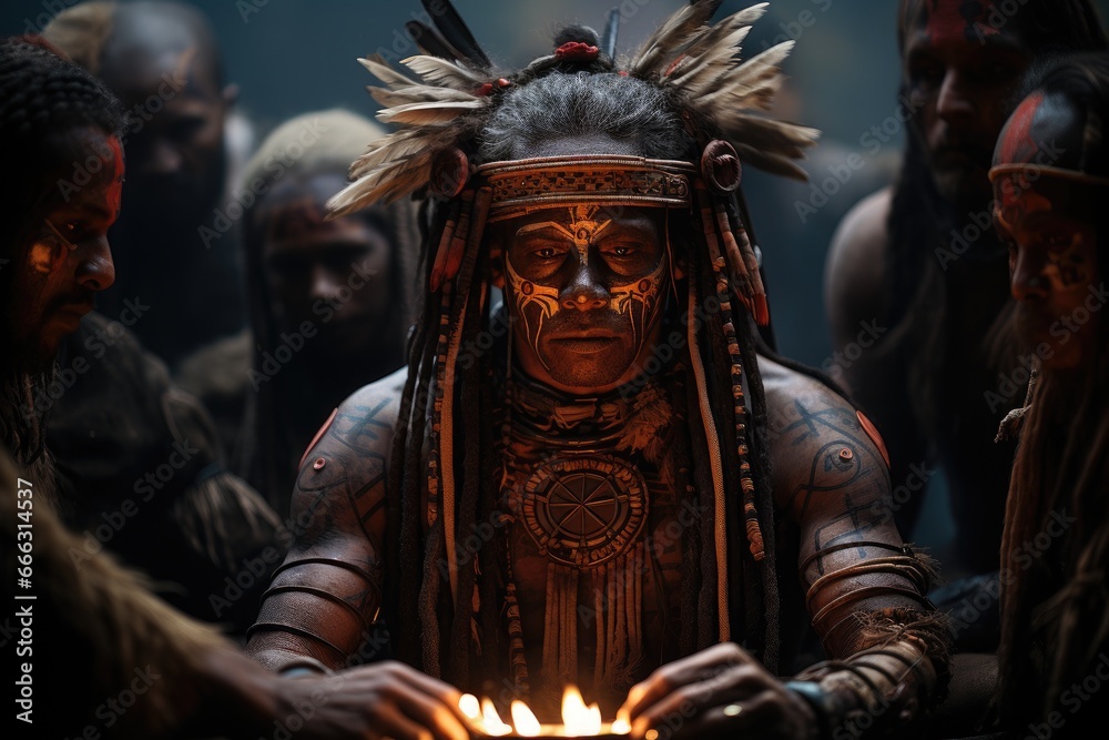 Model embodying a tribal shaman, amidst a sacred ritual site.