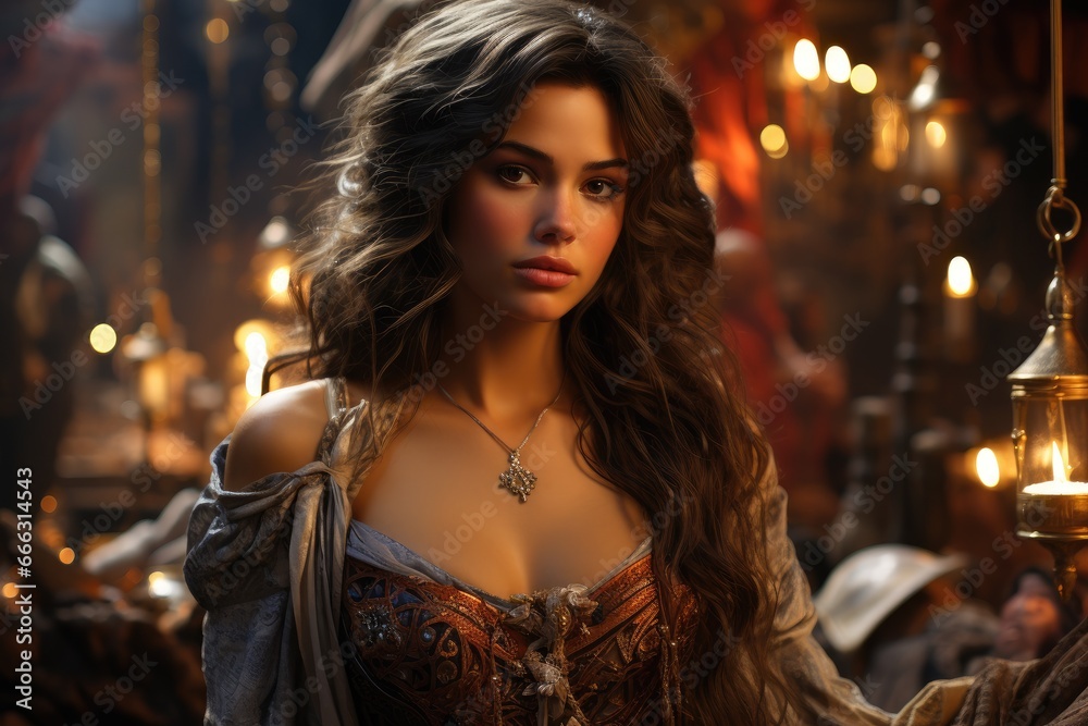 Model embracing the allure of an Arabian nights tale, set against a bustling bazaar and magic carpet Model embracing the allure of an Arabian nights tale, set against a bustling bazaar and magic carpet