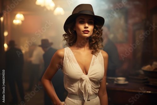 Model impersonating a classic detective look, posed in a smoky jazz club.