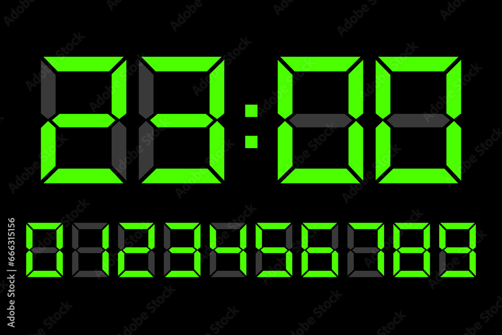 Clock green digital illumination. Vector illustration. EPS 10. Clock green digital illumination. Vector illustration. EPS 10.