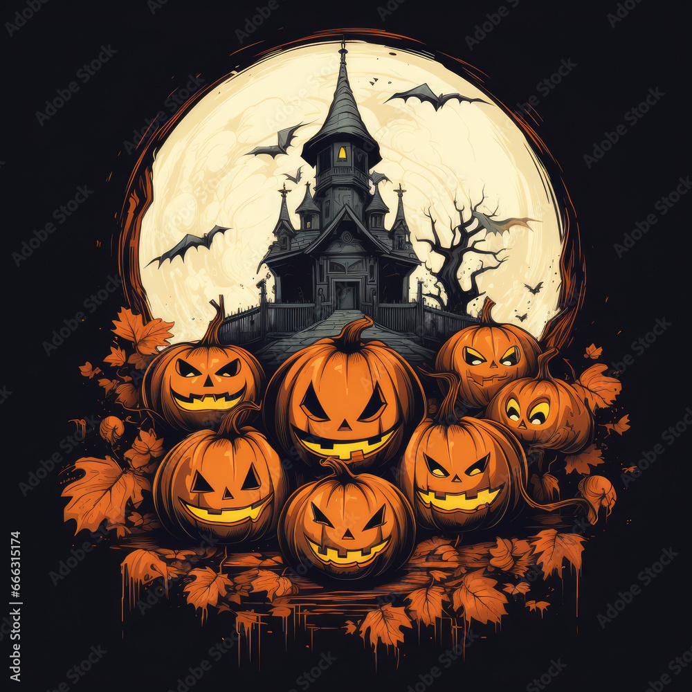 Halloween themed pumpkin, moon and haunted house vector style t-shirt design