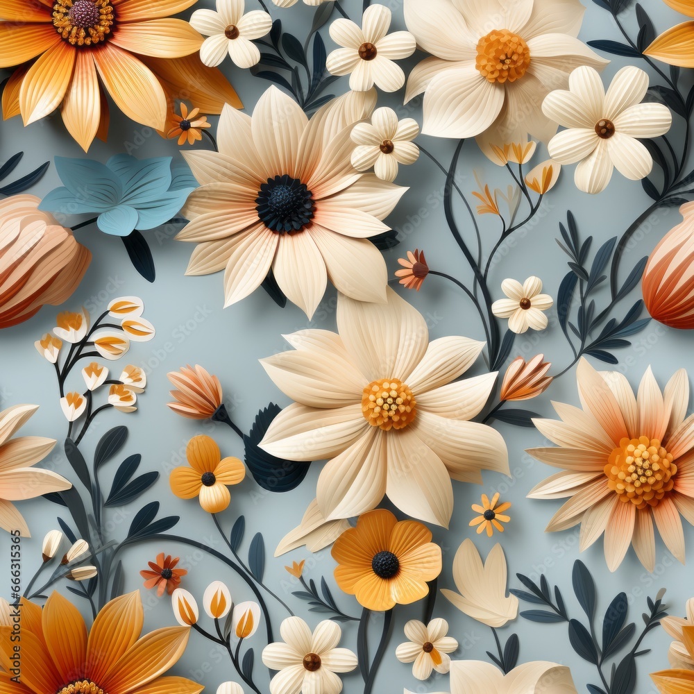 Seamless tile pattern with summer flowers and pastel colored background. Made with Generative AI.