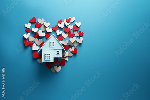 Bird's-eye view of a house adorned with paper hearts on a blue backdrop. Symbolizes love, Valentine's Day, family, wedding, real estate, construction, and life. Generative AI