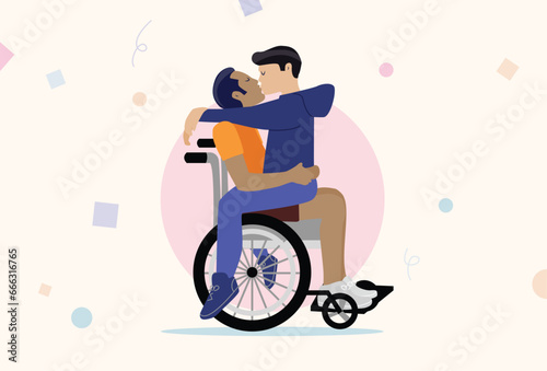 Happy Disabled Gay Men Kissing And Hugging On Wheelchair. People in Love With Handicapped, Disability. Diverse Couple Sitting and Celebrating Love.