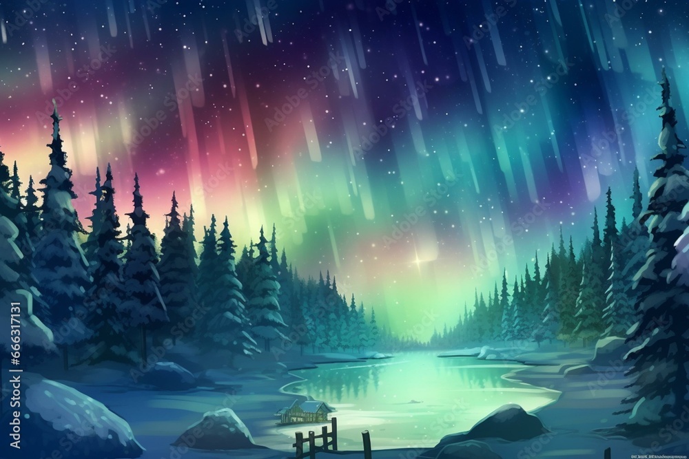 Christmas-themed illustration featuring a beautiful aurora borealis