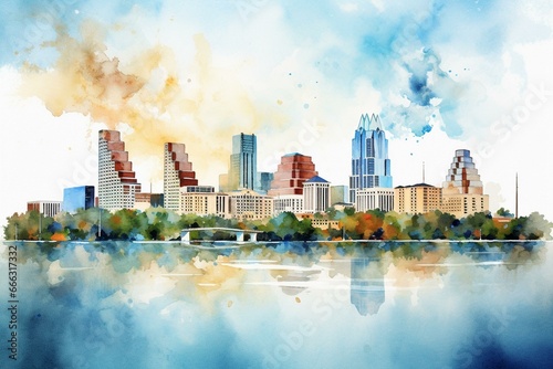 Artistic depiction of Austin's skyline using watercolor technique. Generative AI