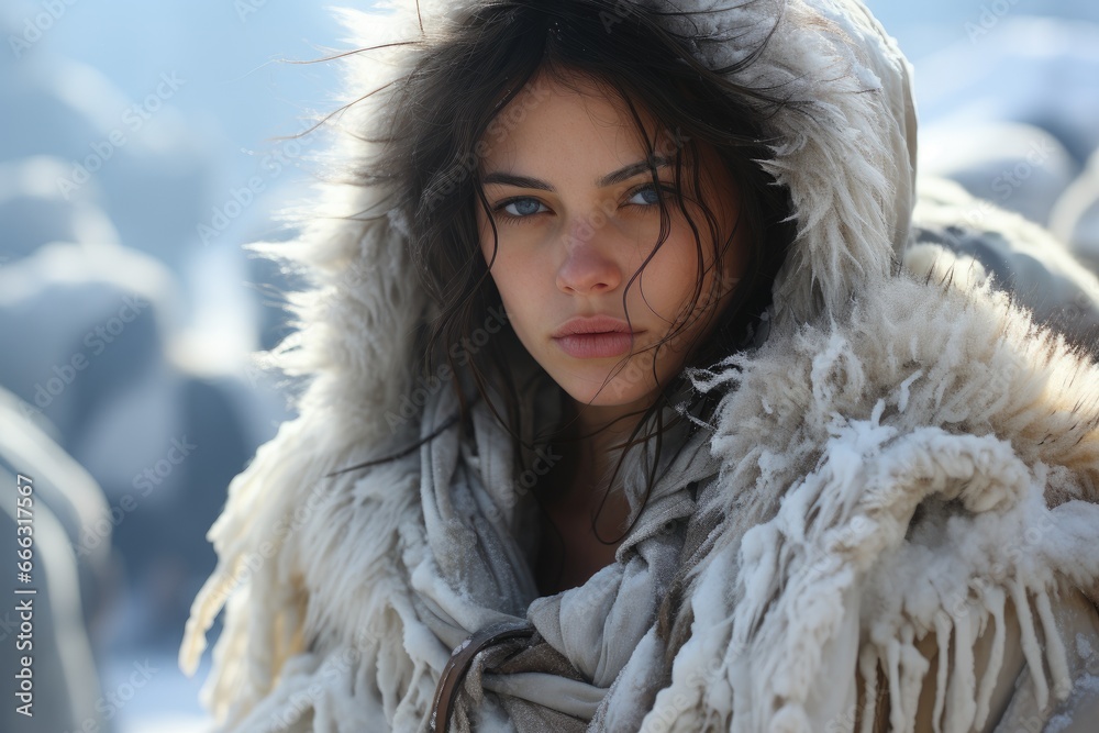 Model in the heart of an Antarctic expedition, wrapped in furs against icy vistas. Model in the heart of an Antarctic expedition, wrapped in furs against icy vistas.